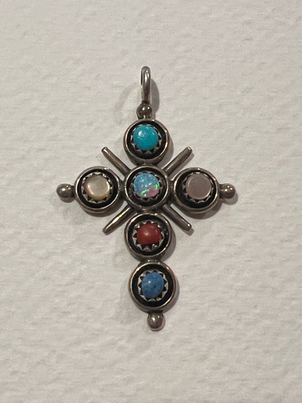 Sterling Silver Multi-Stone Cross Pendant - Turquoise, Red, Blue, Opal Accent